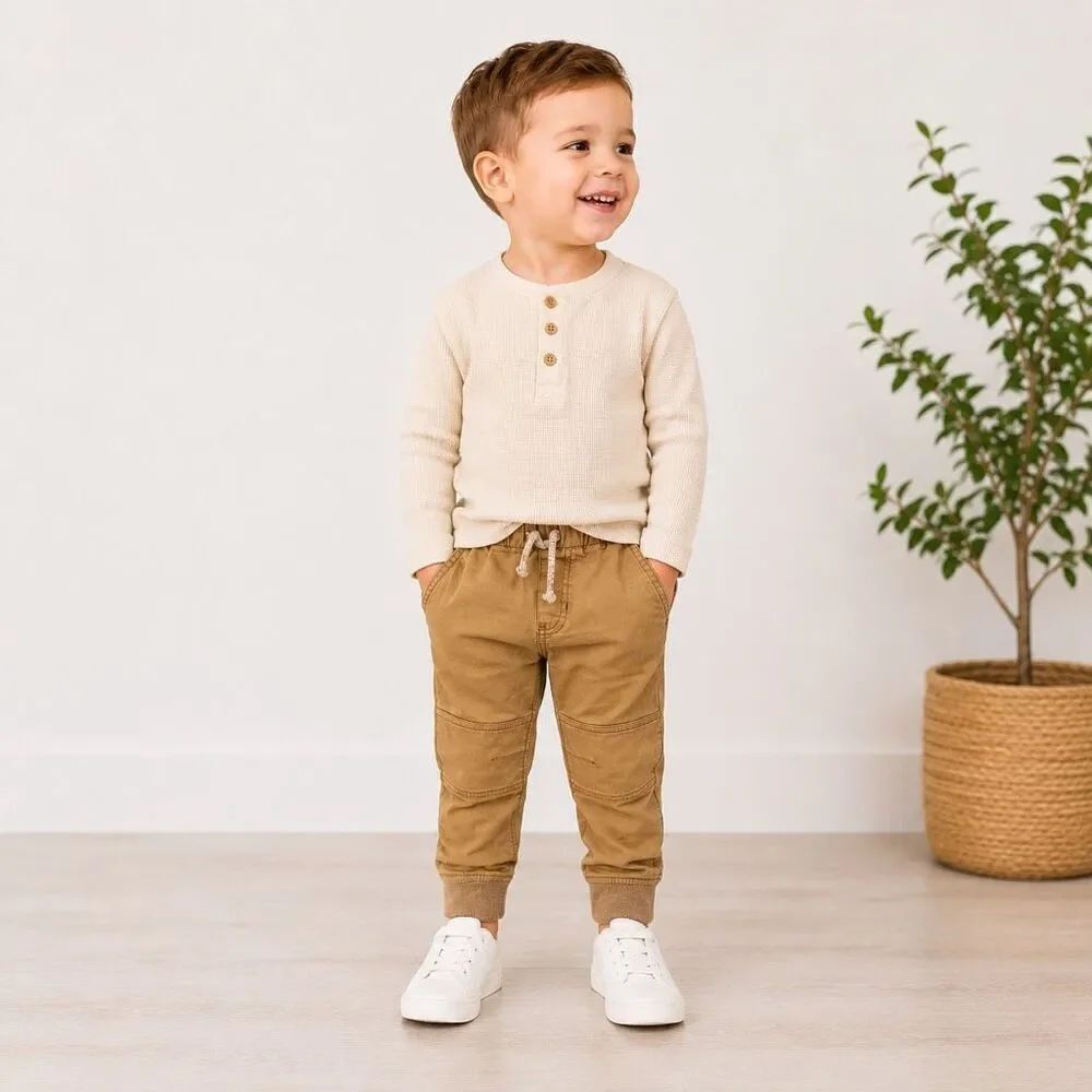 Cat & Jack Toddler Boys Jogger Pants 3T Tan Pull On Cotton Blend Casual Pants
